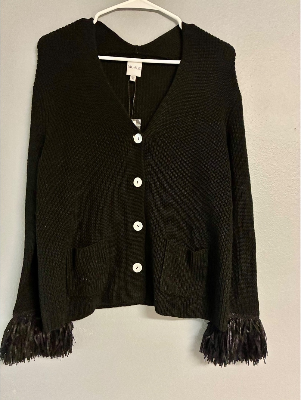 NIC+ZOE Black Ribbed Cardigan with Fringe Cuffs - Size Medium nwt